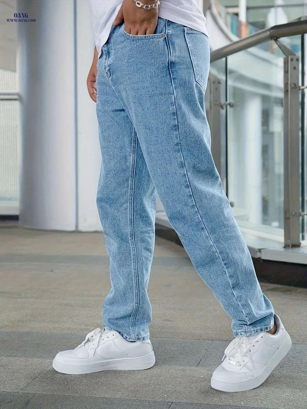 Men's Casual Tapered Jeans - High Stretch Cotton Blend, All-Season Fit   OAXG Sky Blue / S