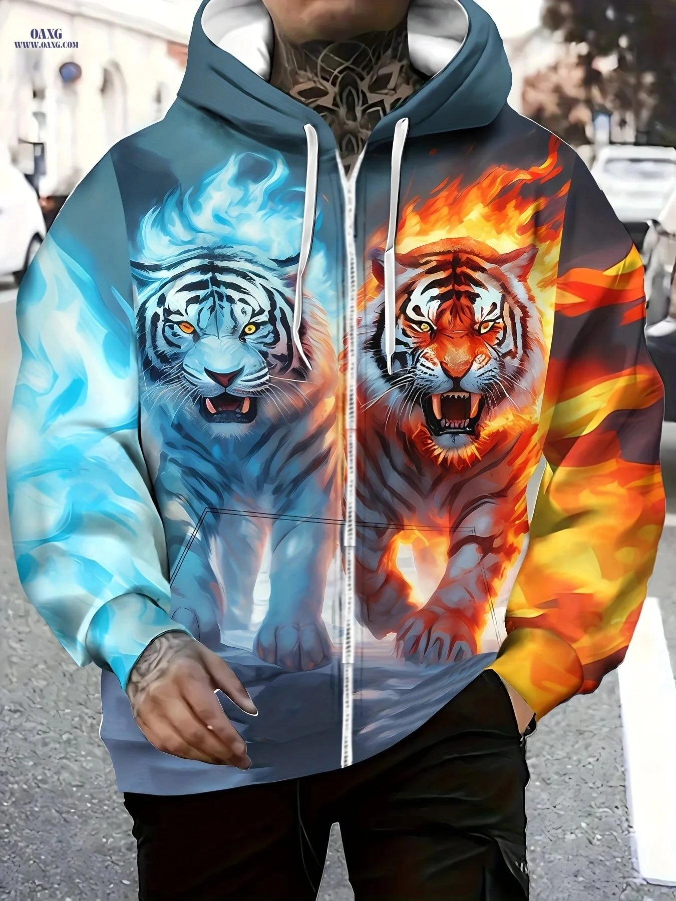 Men's Casual Tiger Print Zip-Up Hoodie - Comfortable for Autumn   OAXG Sky Blue / FR L
