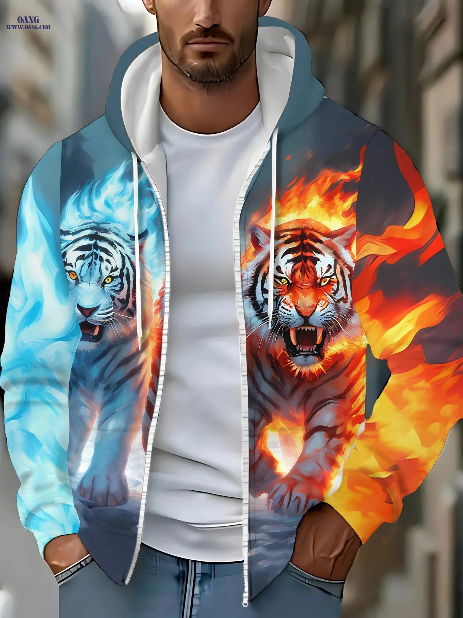 Men's Casual Tiger Print Zip-Up Hoodie - Comfortable for Autumn   OAXG Sky Blue / FR L