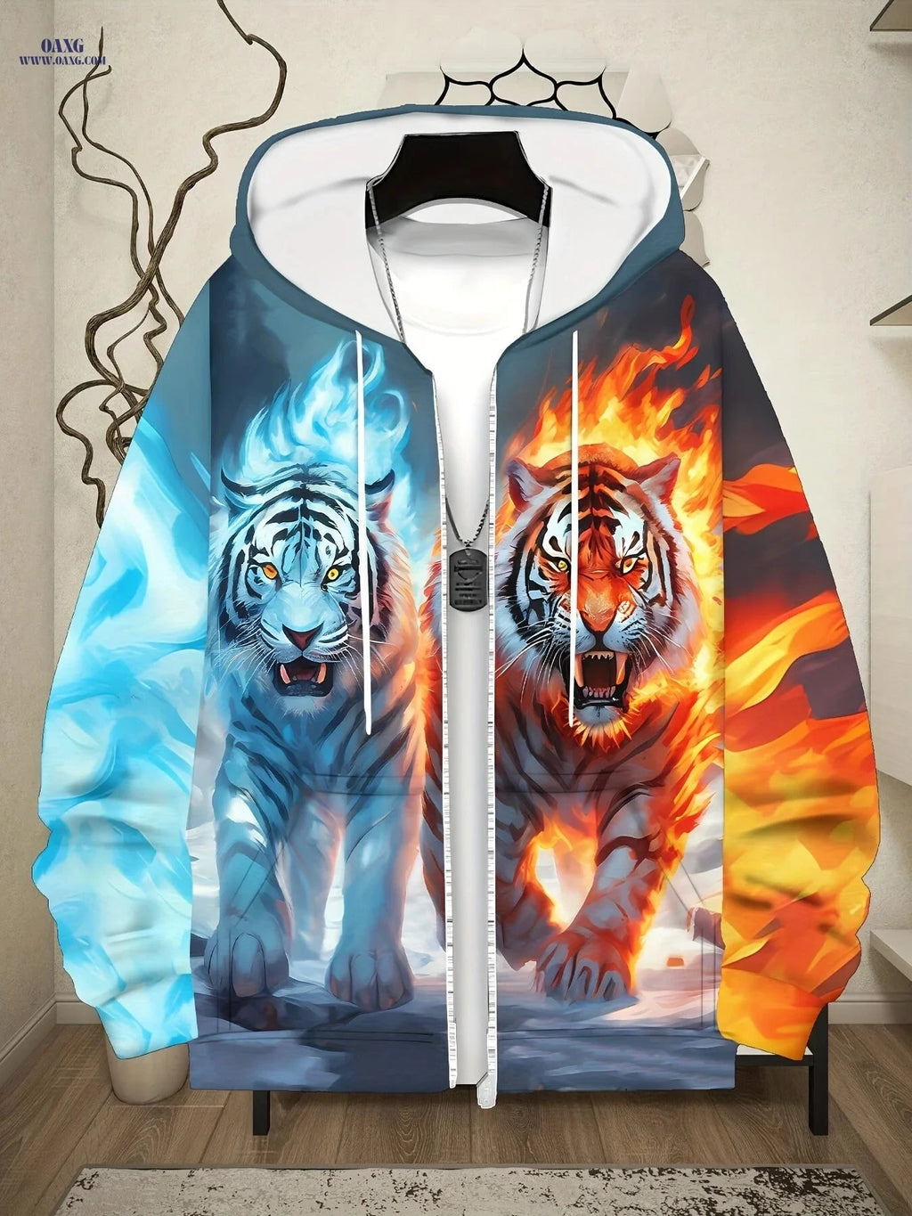 Men's Casual Tiger Print Zip-Up Hoodie - Comfortable for Autumn   OAXG Sky Blue / FR L