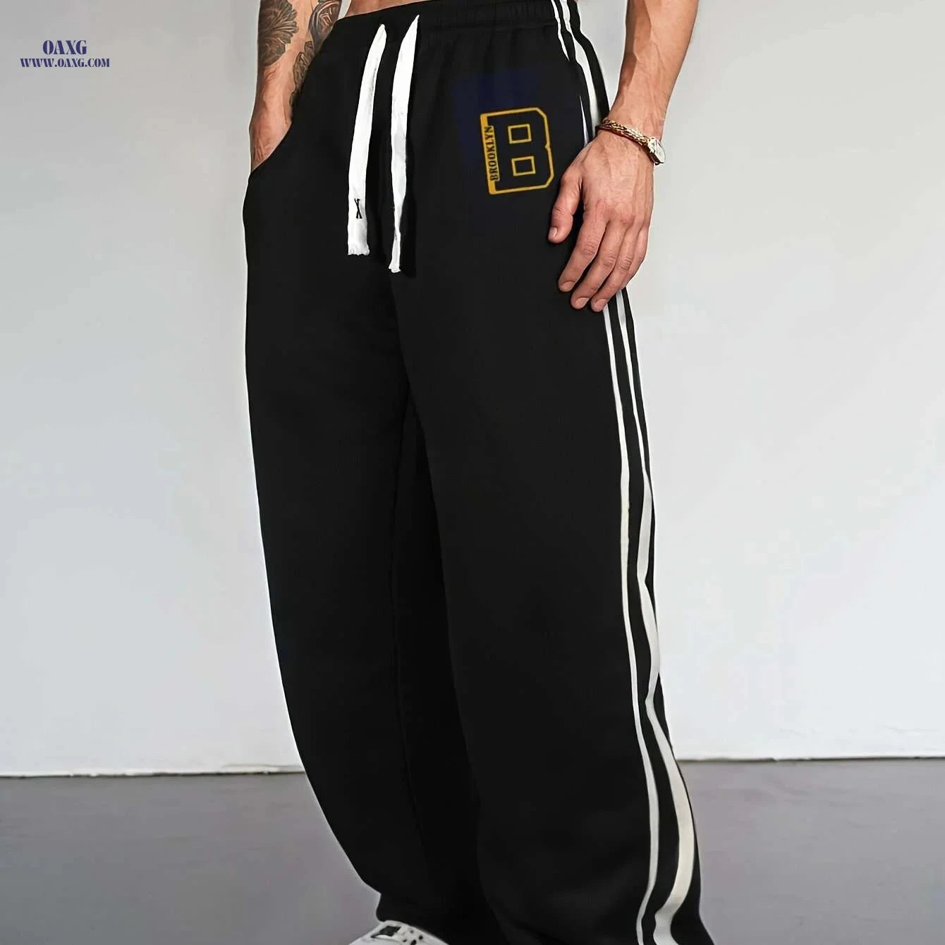 Men's Casual Track Pants - Black with White Stripes & Pockets   OAXG Black / S
