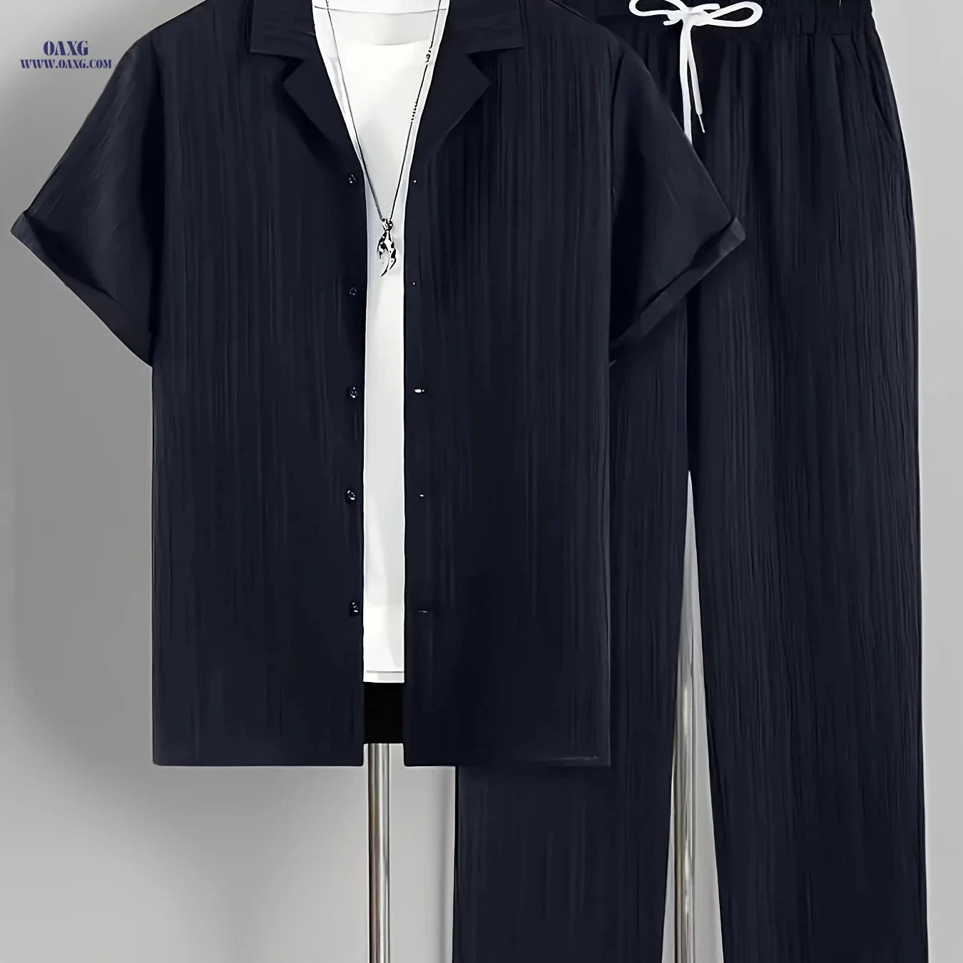 Men's Casual Two-Piece Outfit - Short Sleeve Cuban Collar Shirt & Pants   OAXG 