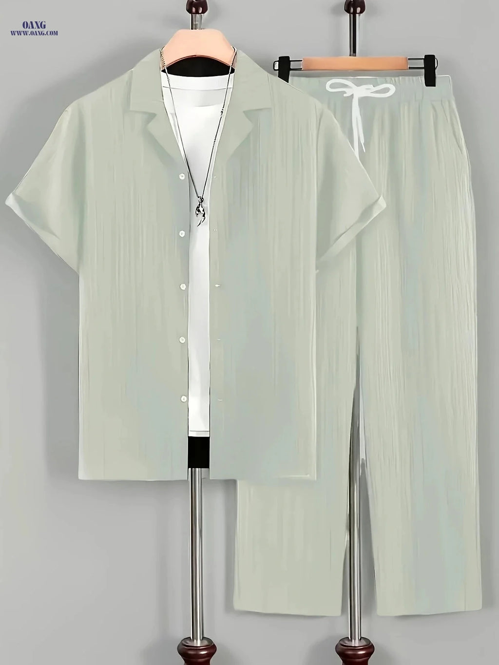 Men's Casual Two-Piece Outfit - Short Sleeve Cuban Collar Shirt & Pants   OAXG 