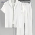 Men's Casual Two-Piece Outfit - Short Sleeve Cuban Collar Shirt & Pants   OAXG 
