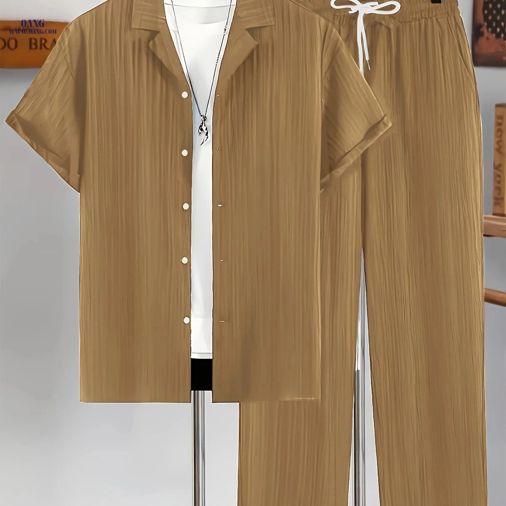 Men's Casual Two-Piece Outfit - Short Sleeve Cuban Collar Shirt & Pants   OAXG White / FR S