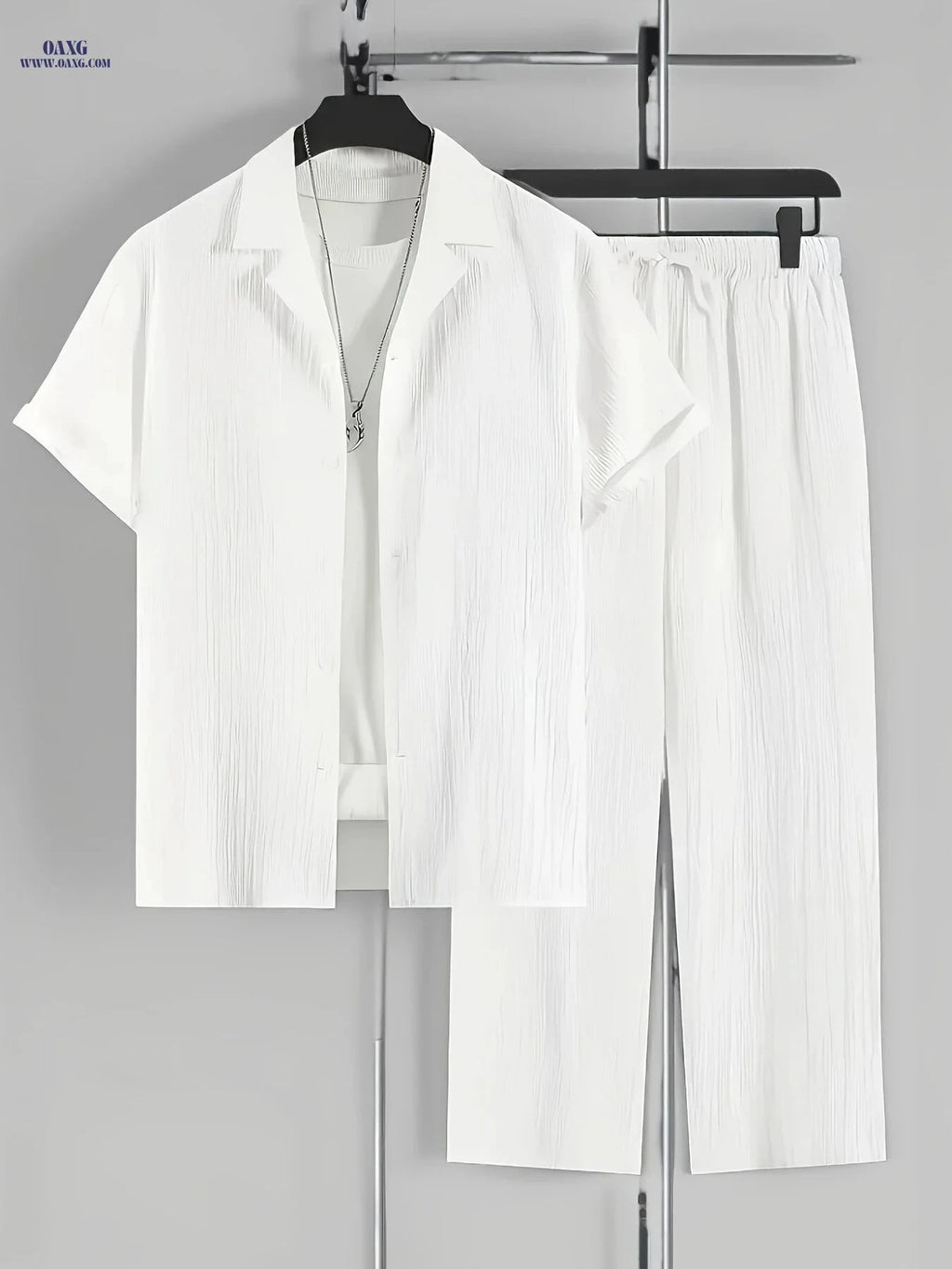 Men's Casual Two-Piece Outfit - Short Sleeve Cuban Collar Shirt & Pants   OAXG White / FR S