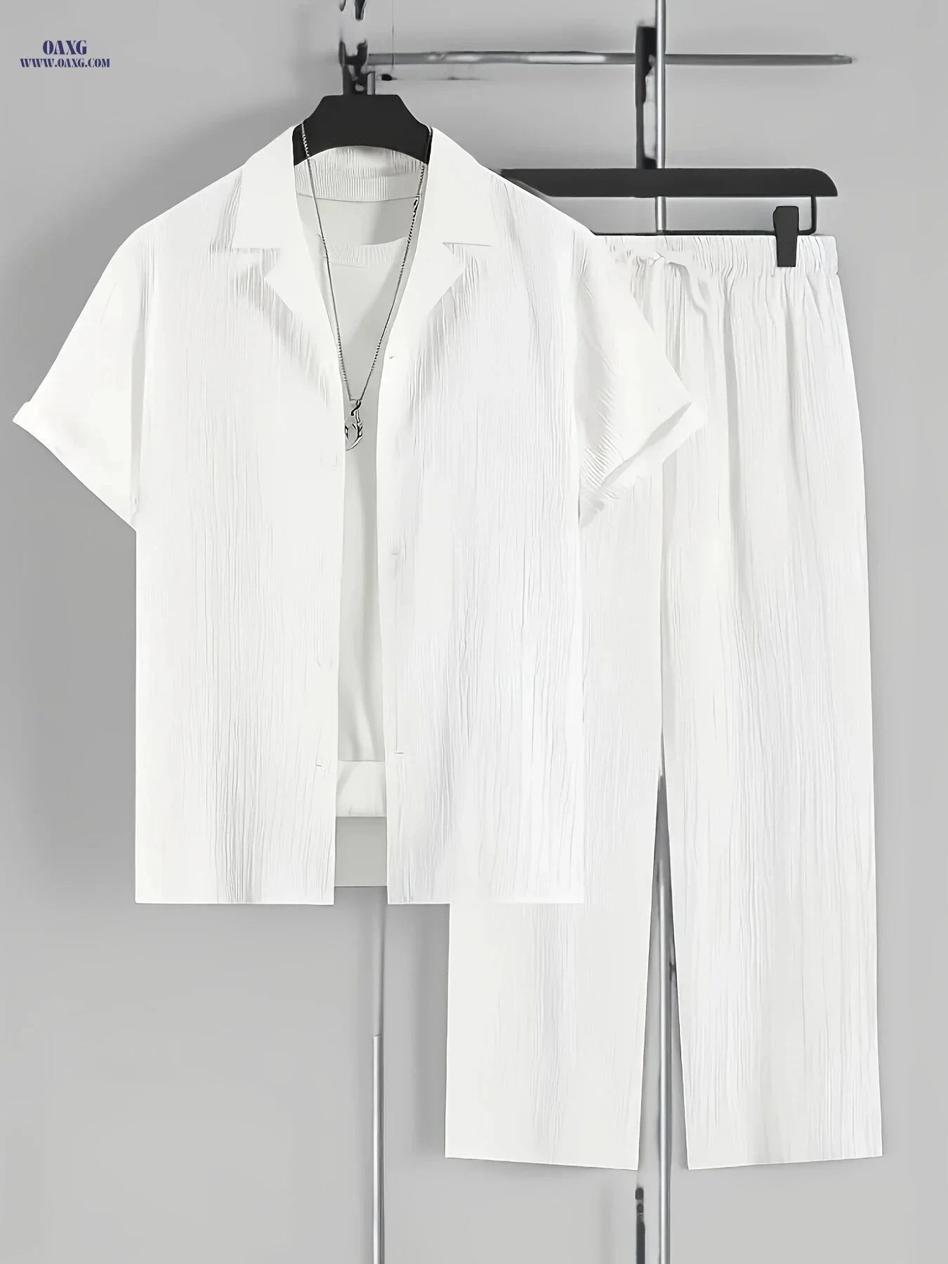 Men's Casual Two-Piece Outfit - Short Sleeve Cuban Collar Shirt & Pants   OAXG White / FR S