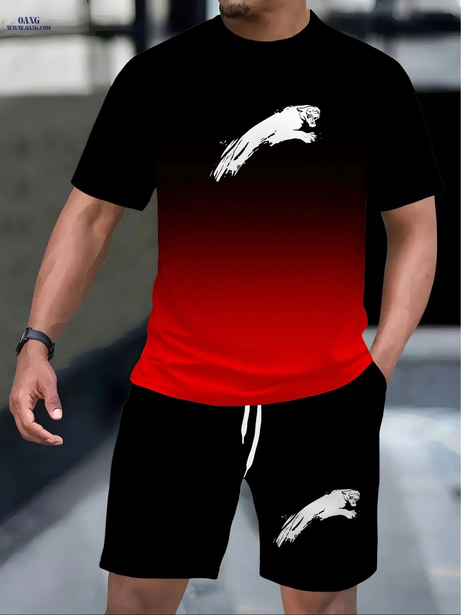 Men's Casual Two-Piece Set - All Over Print T-Shirt & Shorts   OAXG 