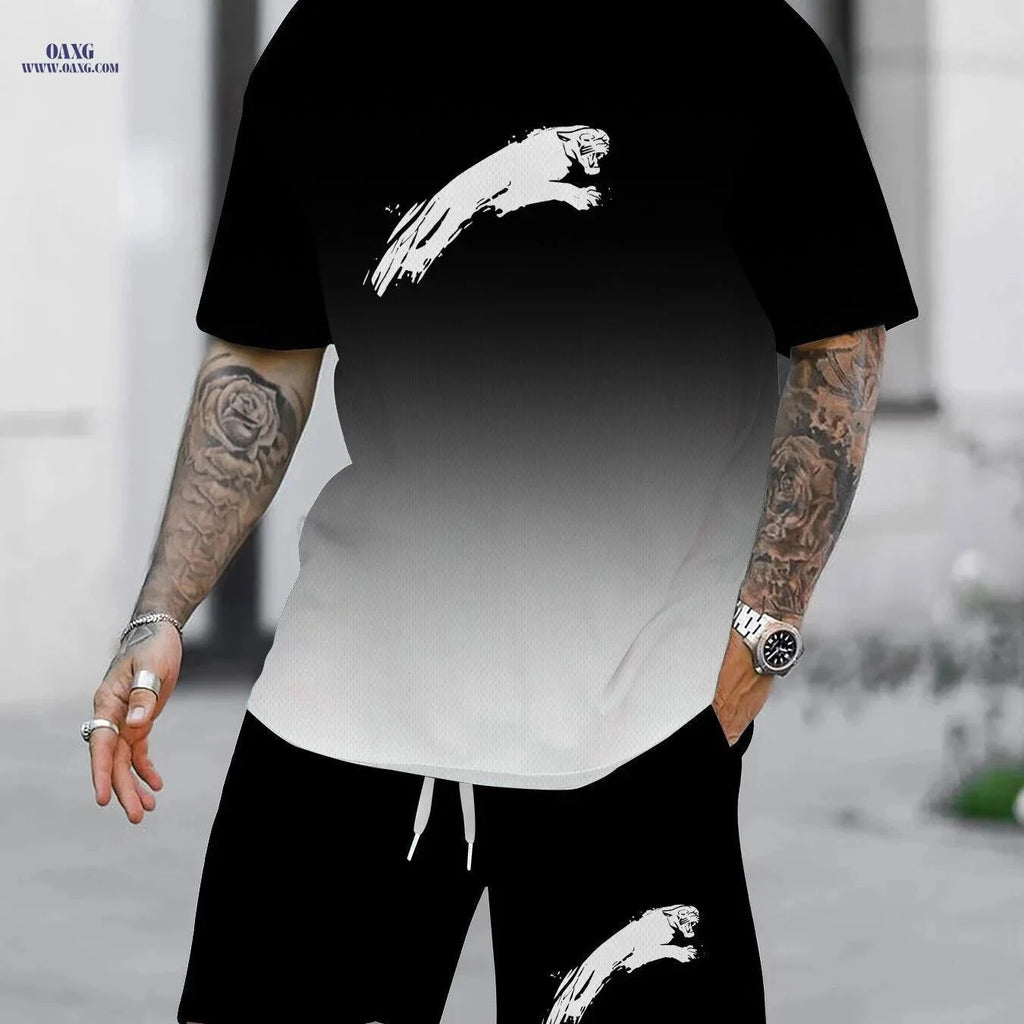 Men's Casual Two-Piece Set - All Over Print T-Shirt & Shorts   OAXG JXZ114-1 / FR S