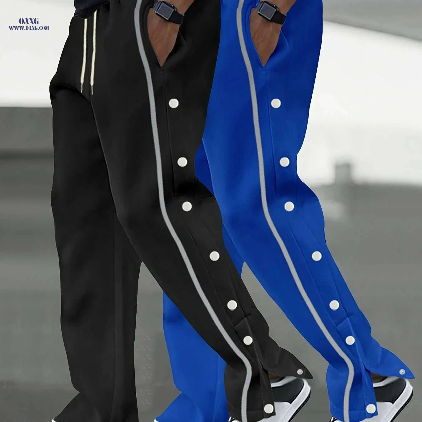 Men's Casual Two-Piece Set - Straight Pants with Belt & Pockets   OAXG White + Black / S