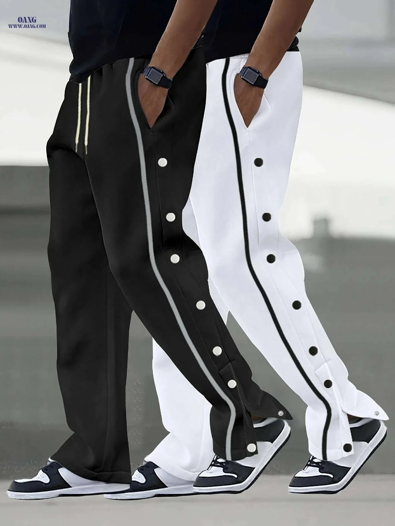Men's Casual Two-Piece Set - Straight Pants with Belt & Pockets   OAXG White + Black / S