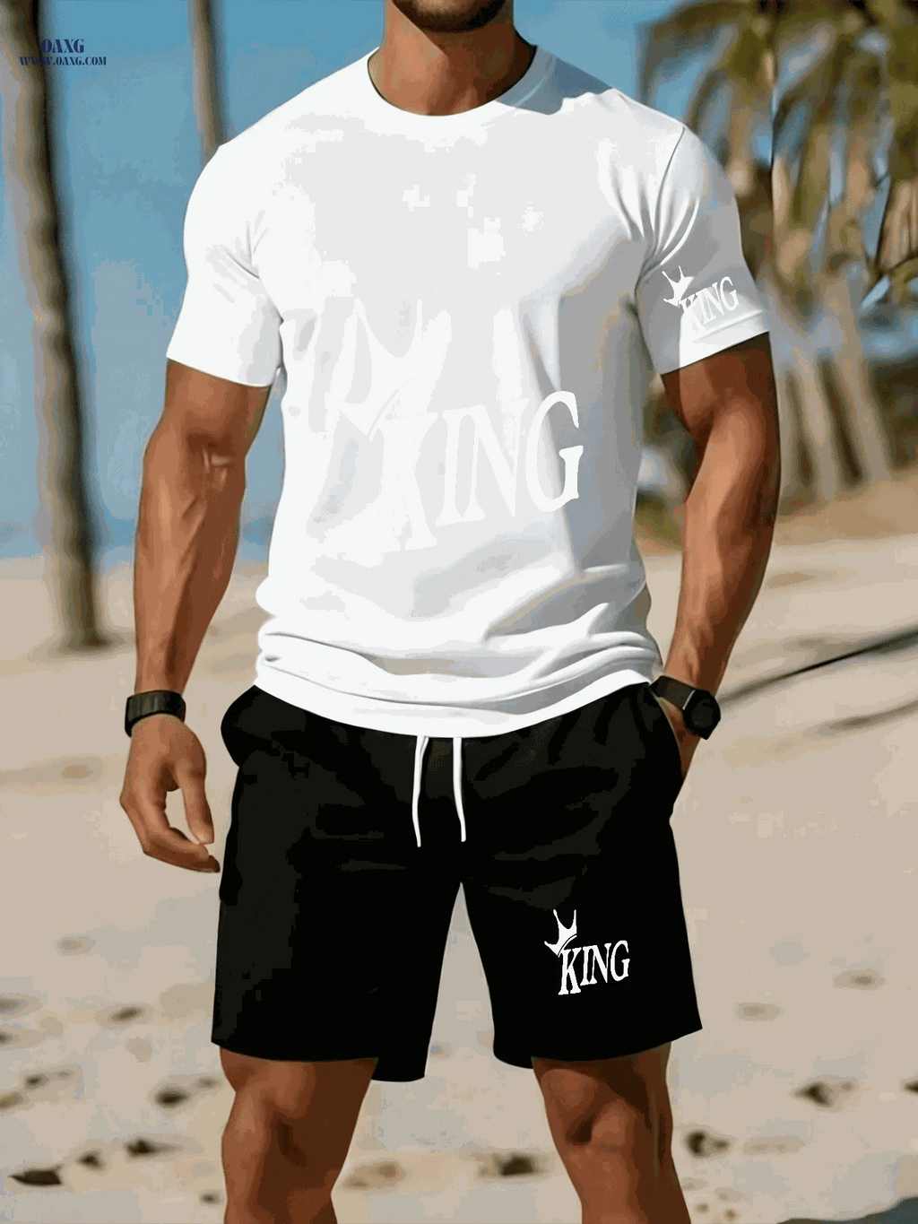 Men's Casual Two-Piece Set - Stylish KING Print on Black Background   OAXG 
