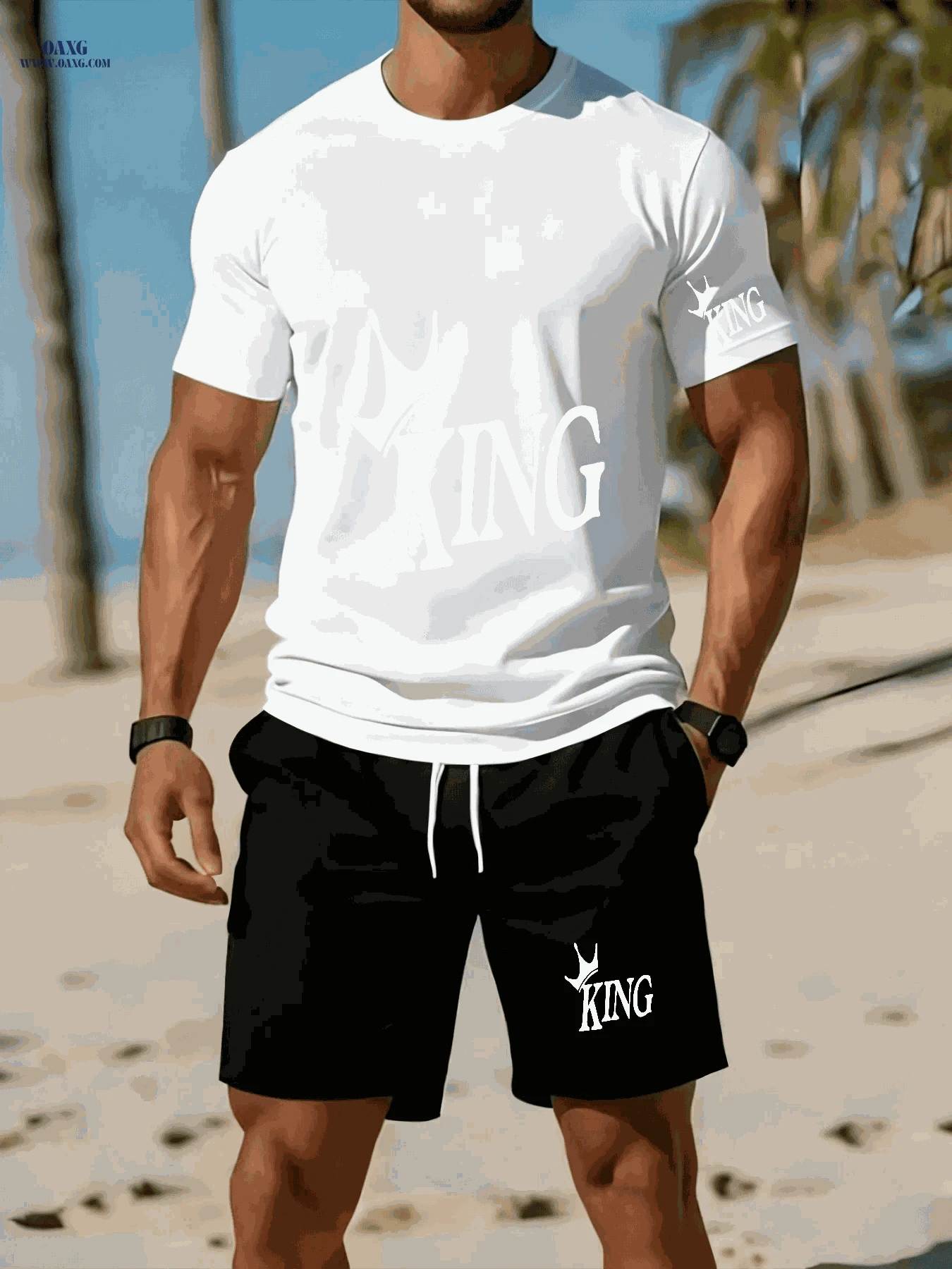 Men's Casual Two-Piece Set - Stylish KING Print on Black Background   OAXG 