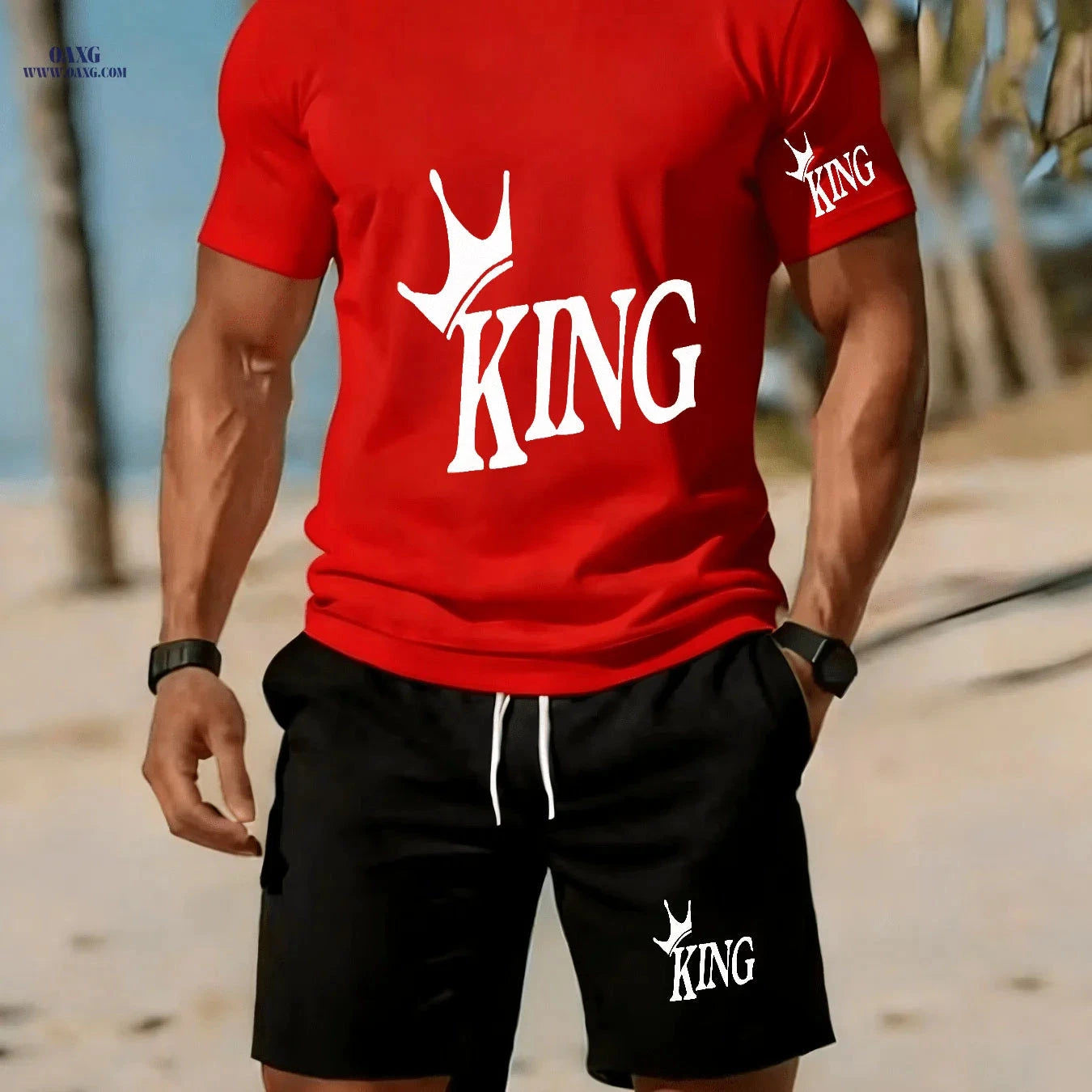 Men's Casual Two-Piece Set - Stylish KING Print on Black Background   OAXG 