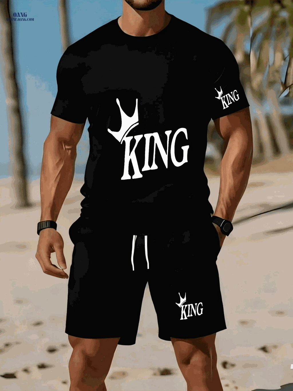 Men's Casual Two-Piece Set - Stylish KING Print on Black Background   OAXG 