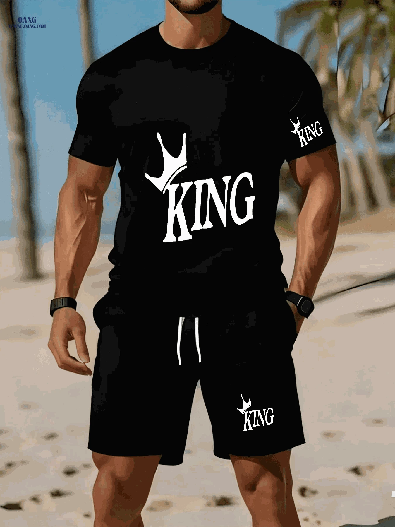 Men's Casual Two-Piece Set - Stylish KING Print on Black Background   OAXG 