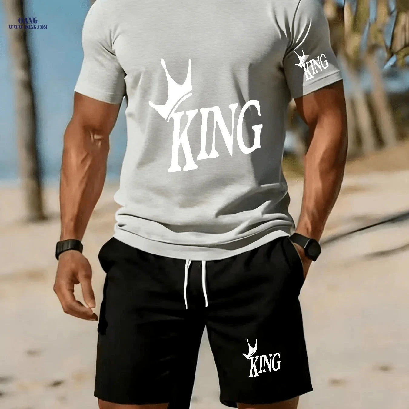Men's Casual Two-Piece Set - Stylish KING Print on Black Background   OAXG 
