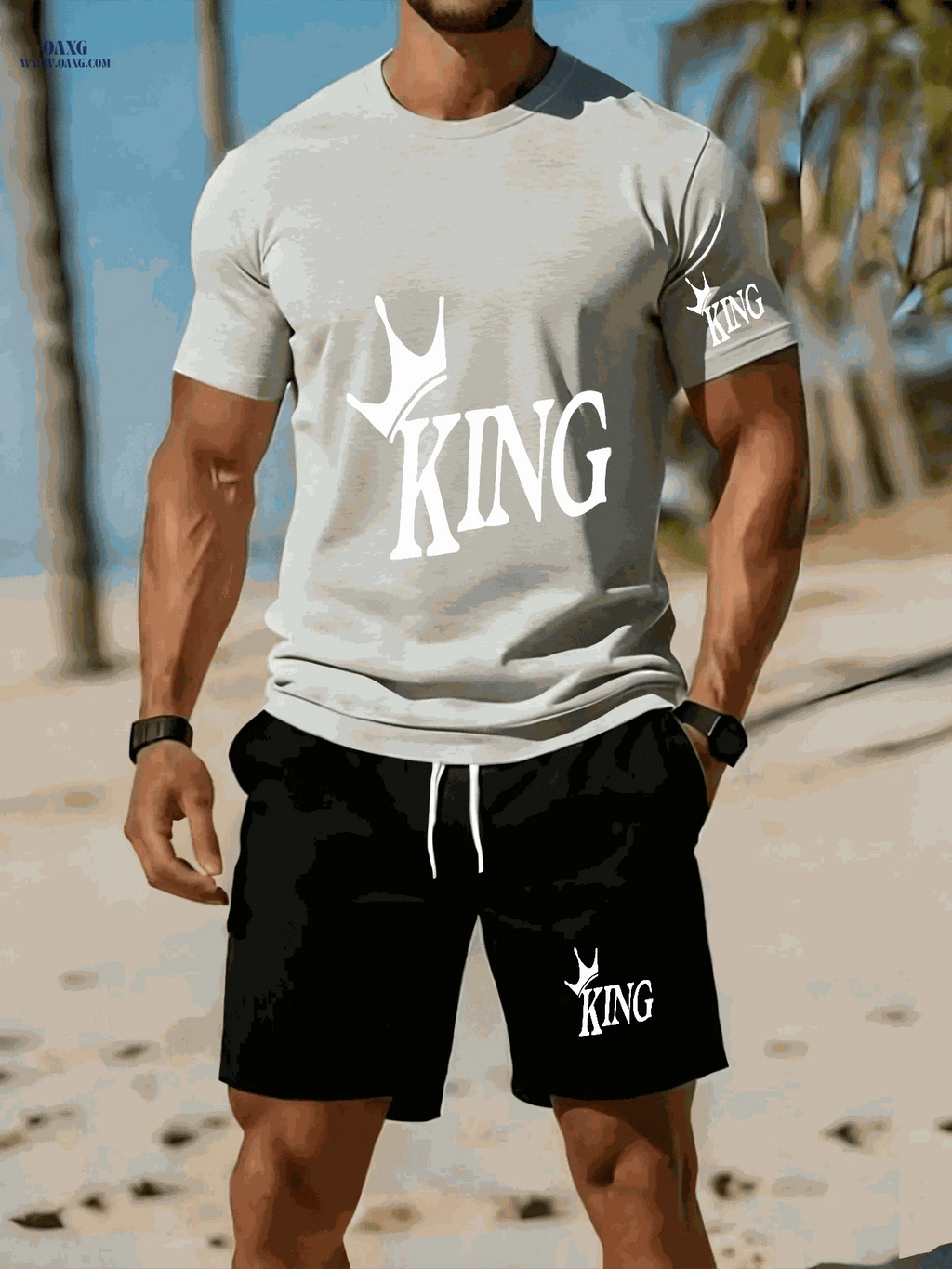 Men's Casual Two-Piece Set - Stylish KING Print on Black Background   OAXG 