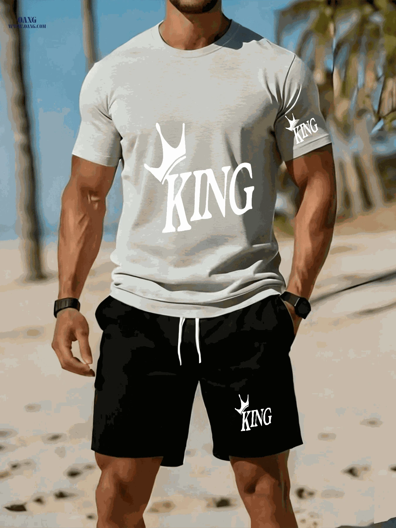 Men's Casual Two-Piece Set - Stylish KING Print on Black Background   OAXG 