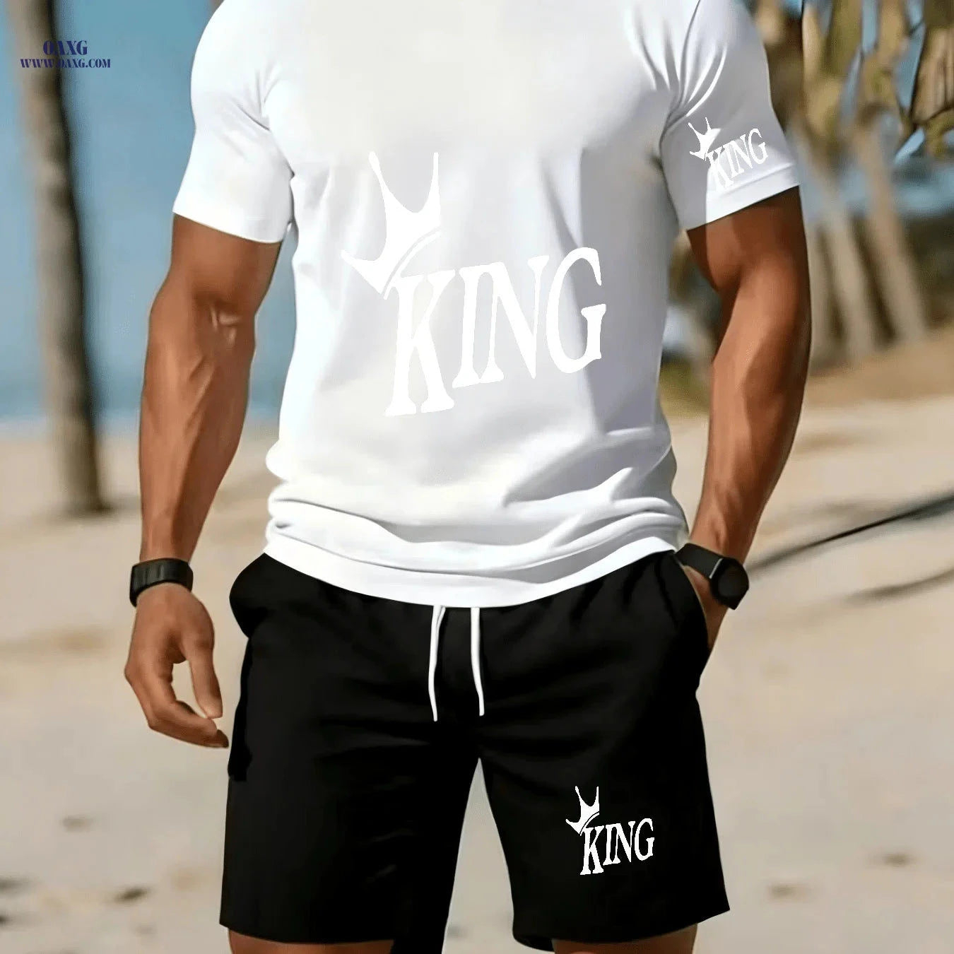 Men's Casual Two-Piece Set - Stylish KING Print on Black Background   OAXG 