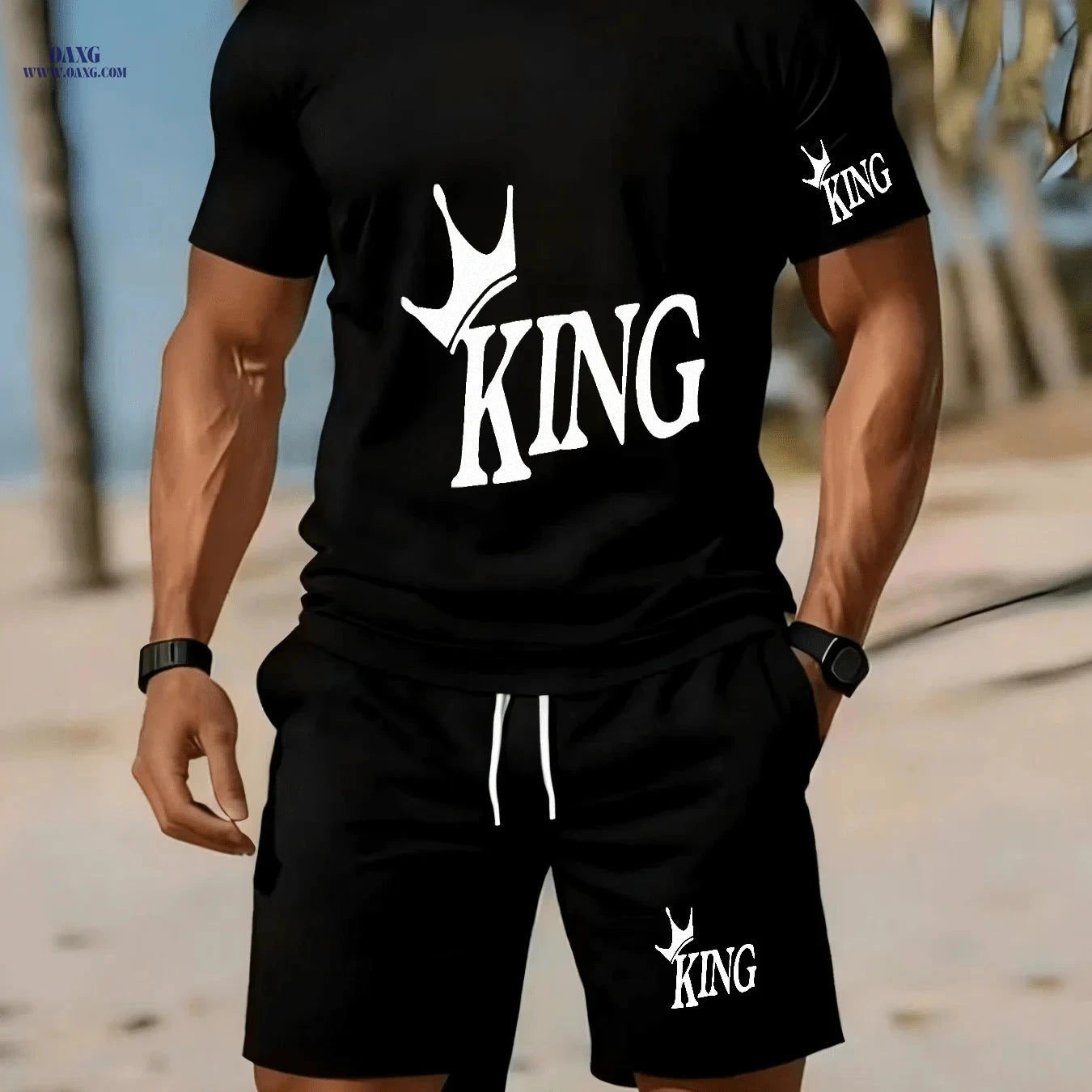Men's Casual Two-Piece Set - Stylish KING Print on Black Background   OAXG Red / FR S