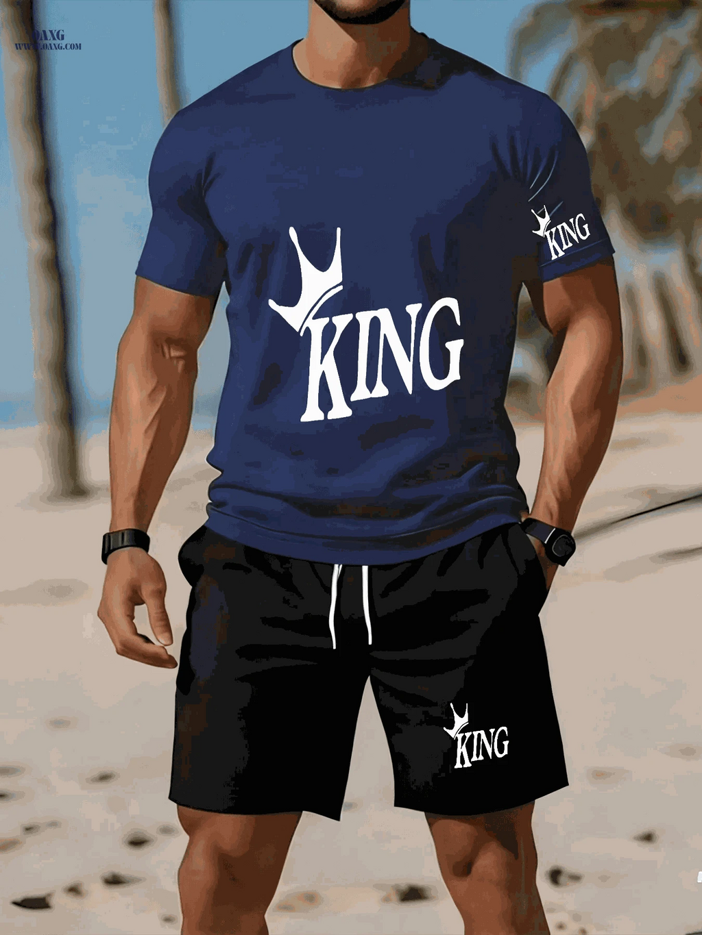 Men's Casual Two-Piece Set - Stylish KING Print on Black Background   OAXG Red / FR S