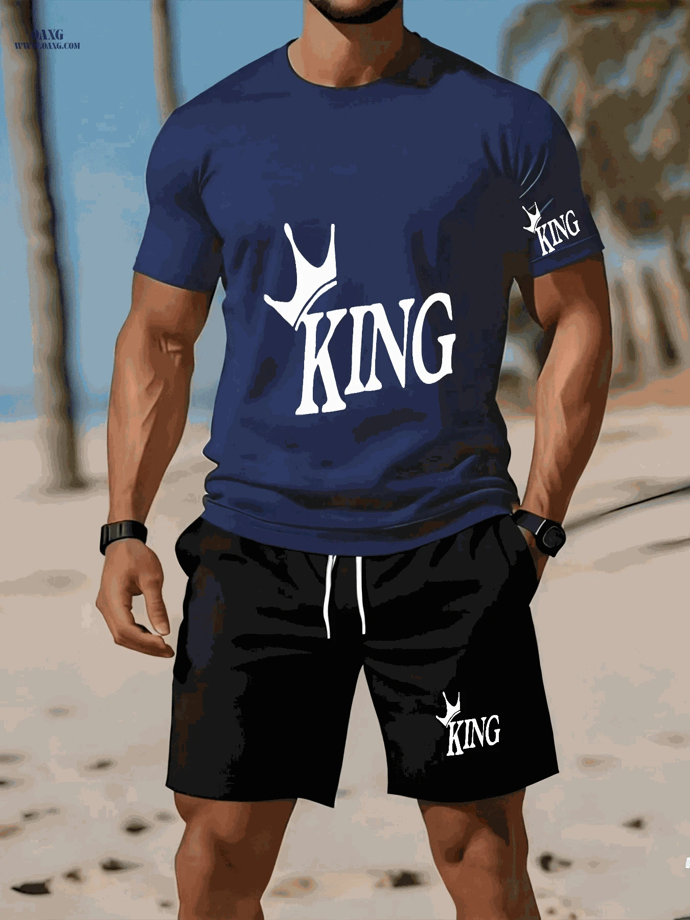 Men's Casual Two-Piece Set - Stylish KING Print on Black Background   OAXG Red / FR S