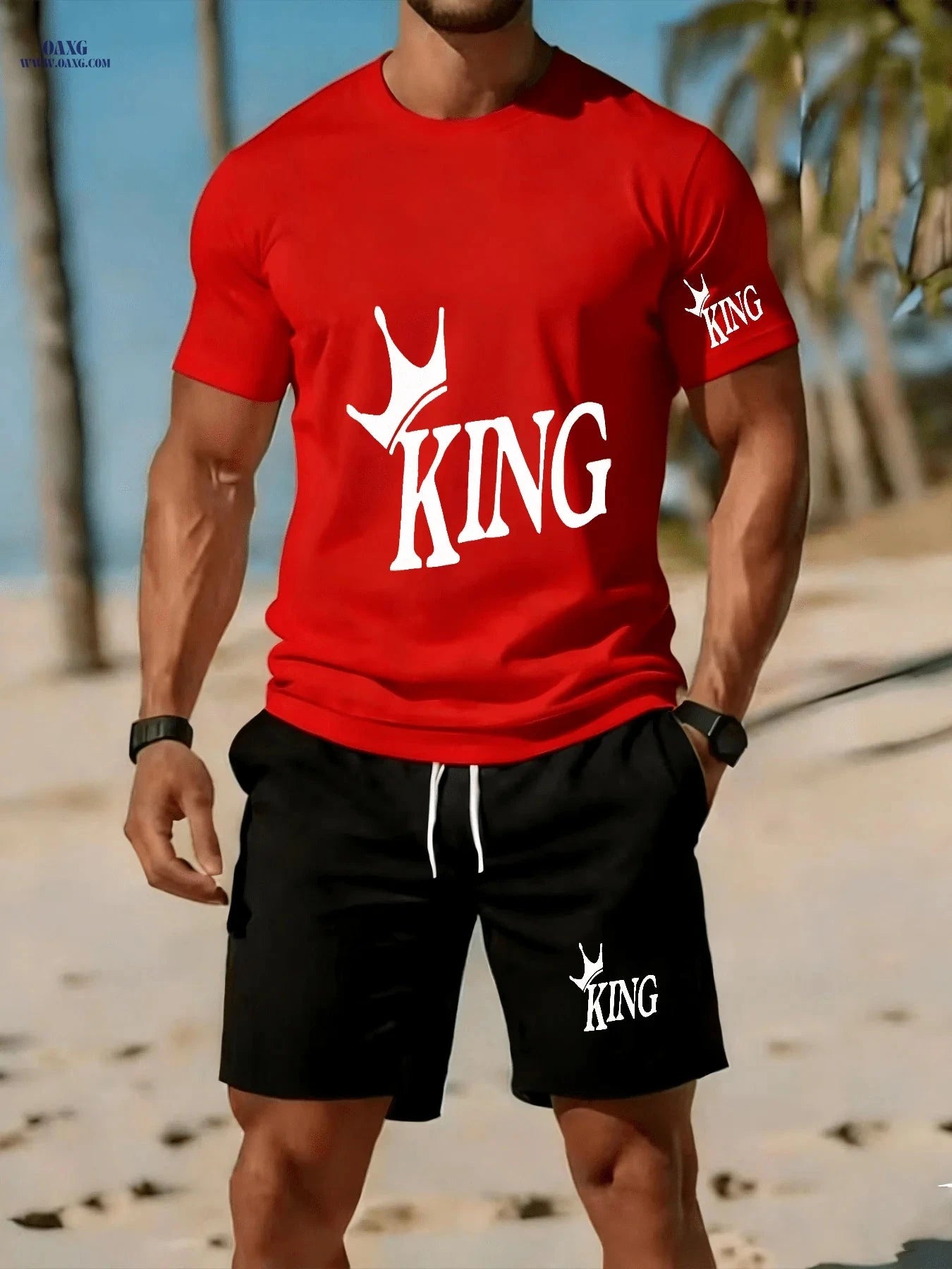 Men's Casual Two-Piece Set - Stylish KING Print on Black Background   OAXG 