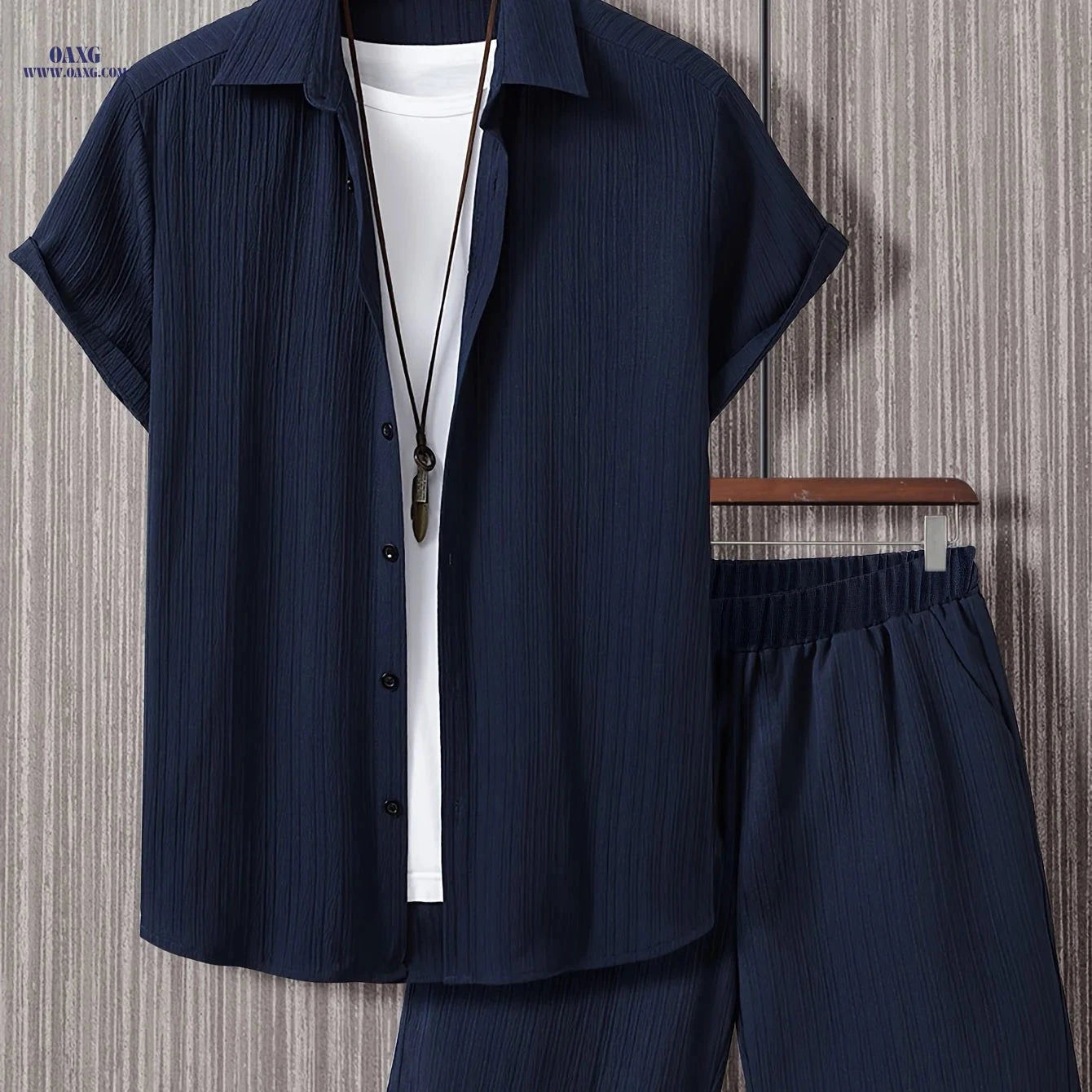 Men's Casual Two-Piece Summer Outfit - Solid Color Shirt & Shorts   OAXG 