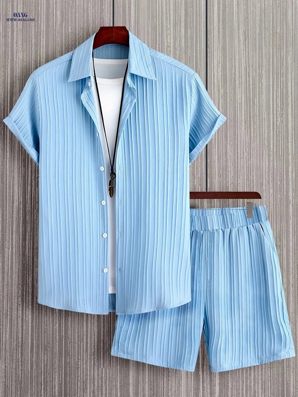 Men's Casual Two-Piece Summer Outfit - Solid Color Shirt & Shorts   OAXG 