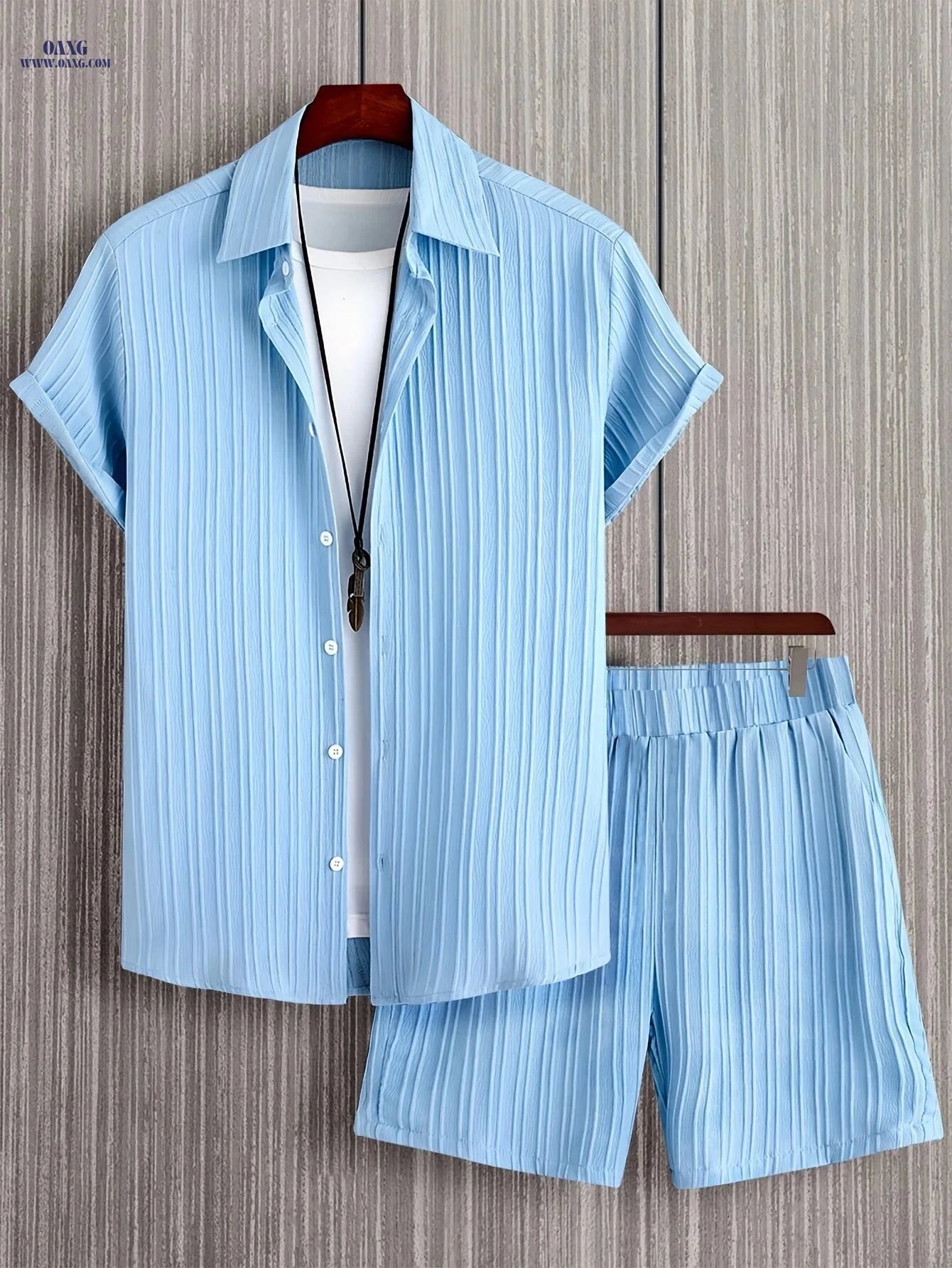 Men's Casual Two-Piece Summer Outfit - Solid Color Shirt & Shorts   OAXG 