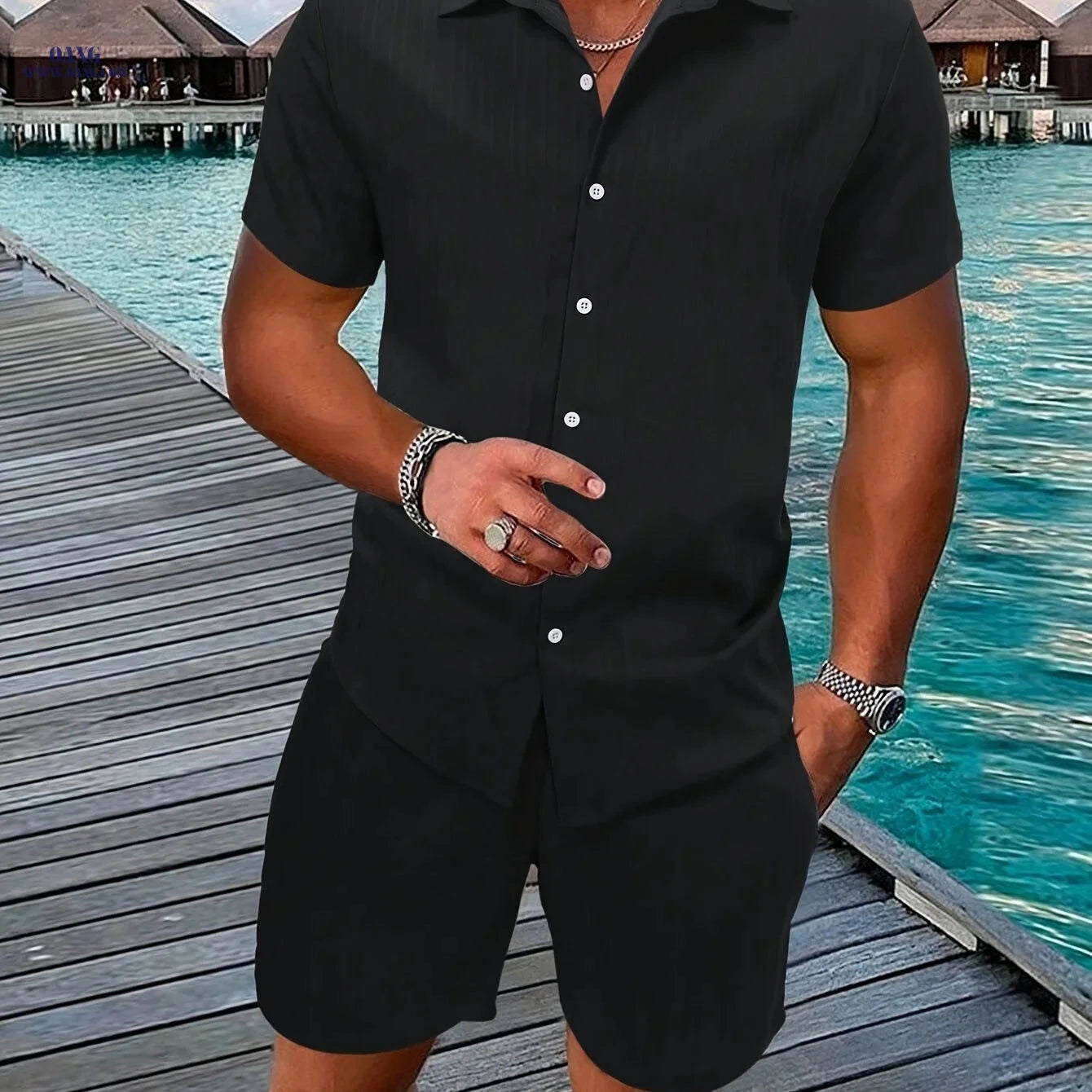 Men's Casual Two-Piece Summer Outfit - Solid Color Shirt & Shorts   OAXG 