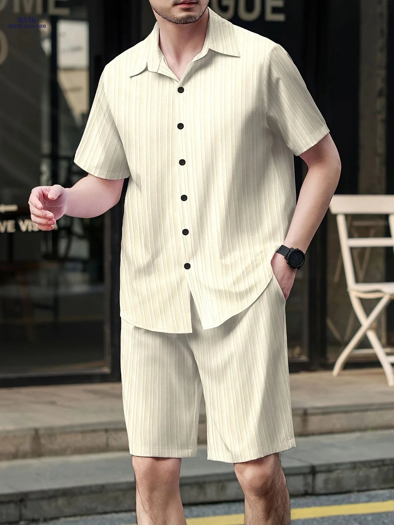 Men's Casual Two-Piece Summer Outfit - Solid Color Shirt & Shorts   OAXG 