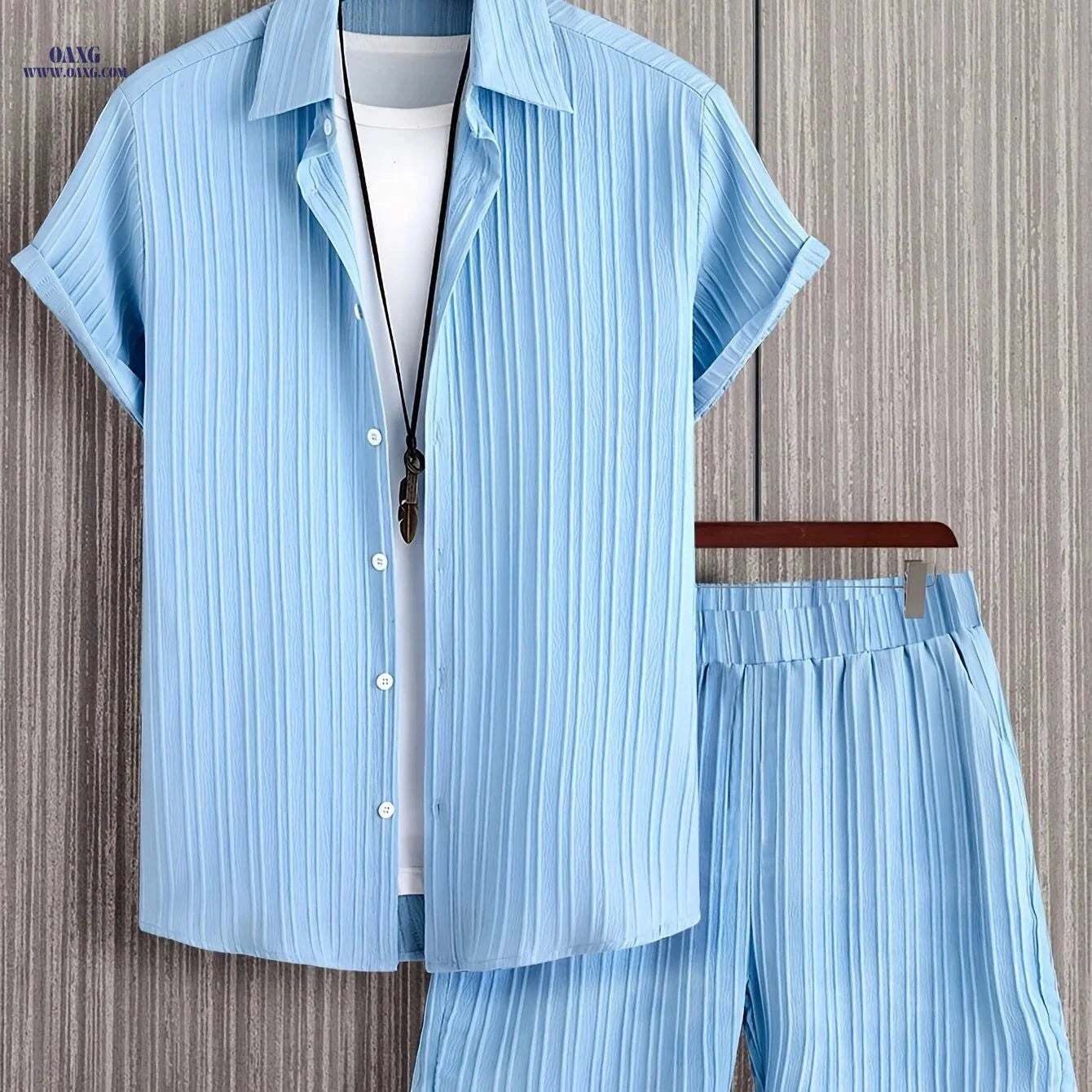 Men's Casual Two-Piece Summer Outfit - Solid Color Shirt & Shorts   OAXG Sky Blue / FR S