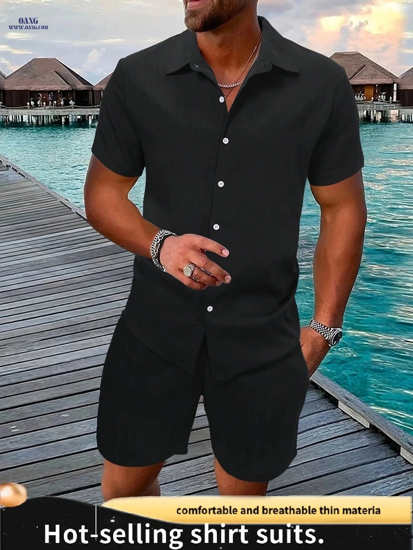 Men's Casual Two-Piece Summer Outfit - Solid Color Shirt & Shorts   OAXG Sky Blue / FR S