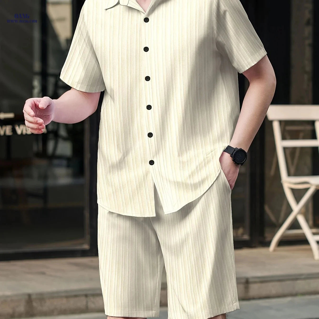 Men's Casual Two-Piece Summer Outfit - Solid Color Shirt & Shorts   OAXG Sky Blue / FR S