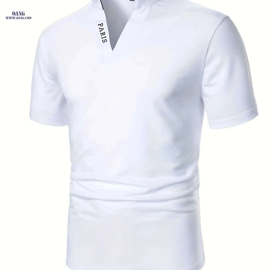 Men's Casual V-Neck Short Sleeve Shirt - Summer Polyester Style   OAXG White / S