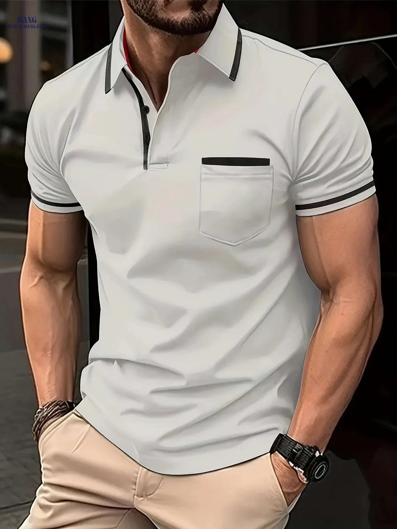 Men's Casual Vintage Lapel Short Sleeve Shirt - Fit for Fitness & Golf   OAXG Sea Blue / FR S