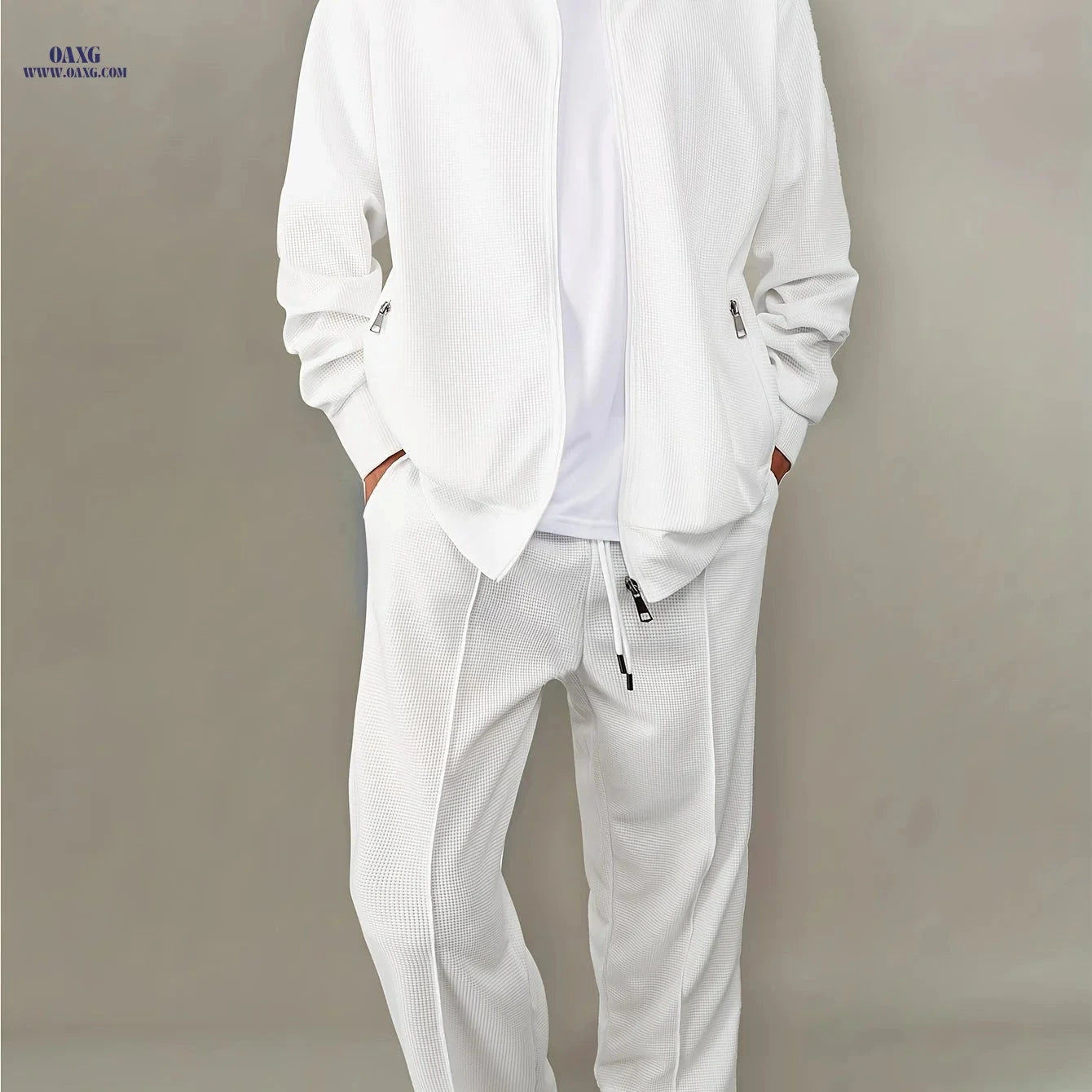 Men's Casual Waffle Knit Set - Zipper Cardigan & Drawstring Trousers   OAXG 