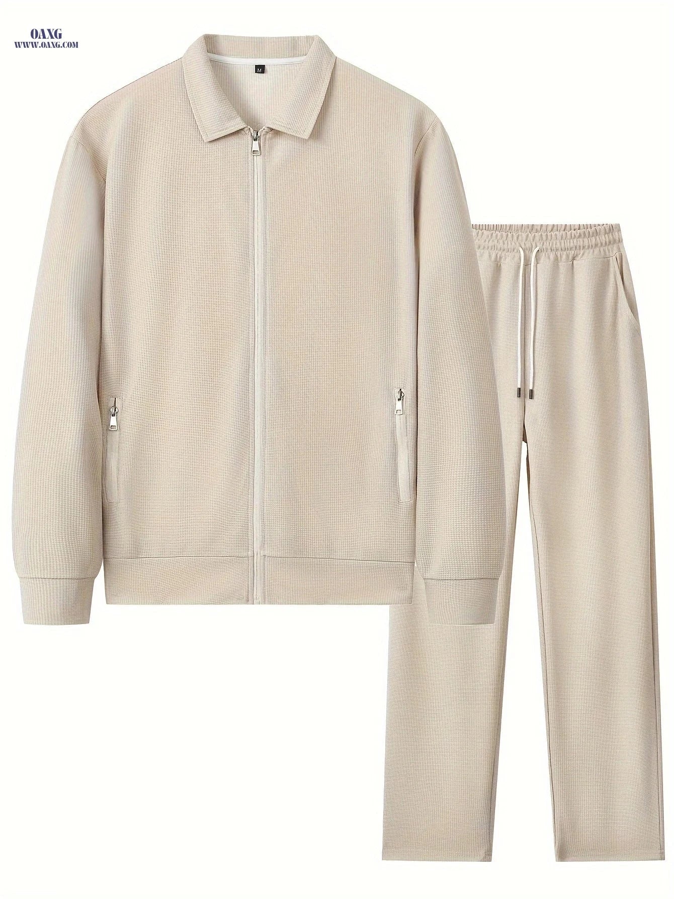Men's Casual Waffle Knit Set - Zipper Cardigan & Drawstring Trousers   OAXG 