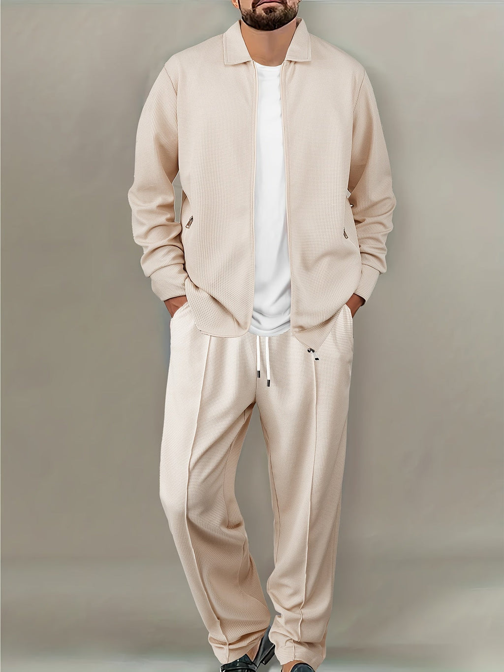 Men's Casual Waffle Knit Set - Zipper Cardigan & Drawstring Trousers   OAXG 
