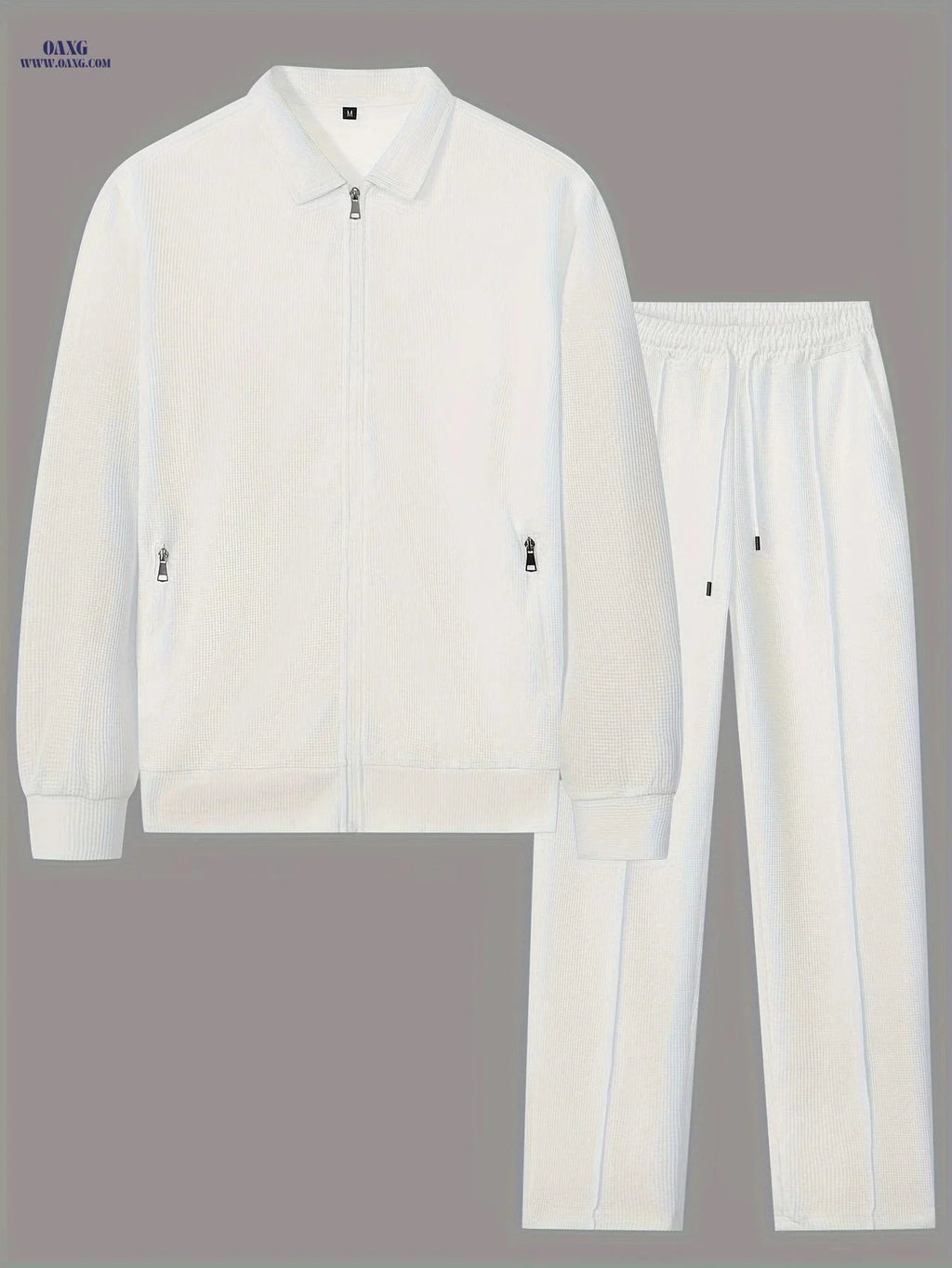 Men's Casual Waffle Knit Set - Zipper Cardigan & Drawstring Trousers   OAXG 