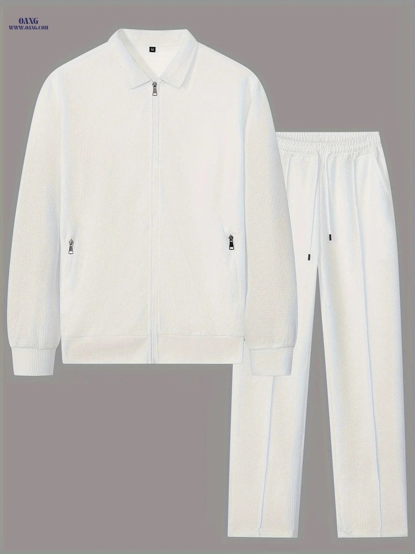 Men's Casual Waffle Knit Set - Zipper Cardigan & Drawstring Trousers   OAXG 