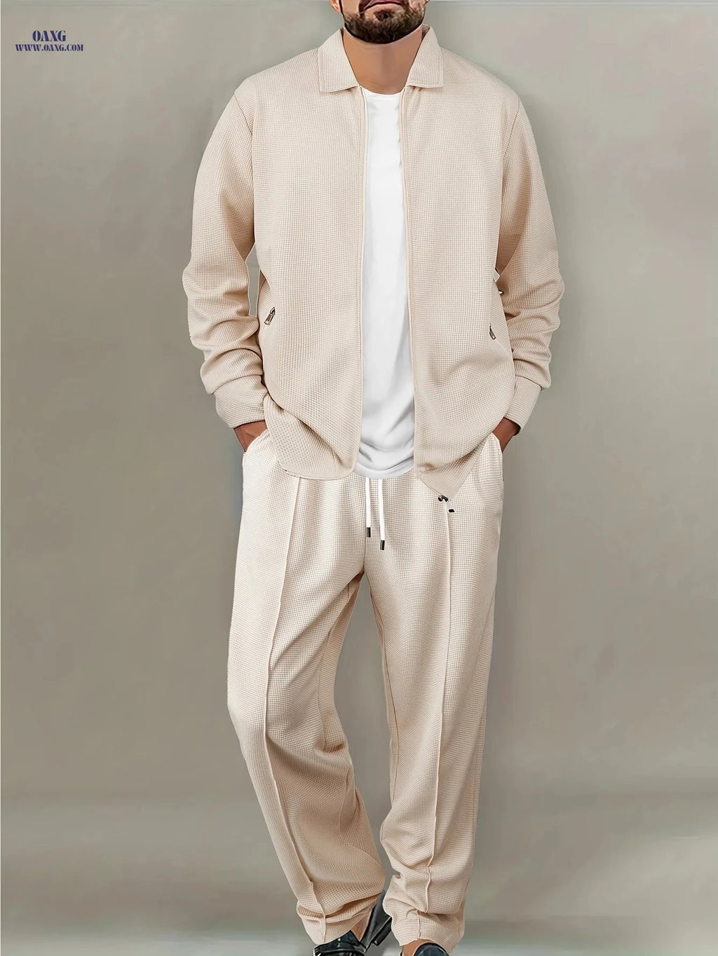 Men's Casual Waffle Knit Set - Zipper Cardigan & Drawstring Trousers   OAXG 
