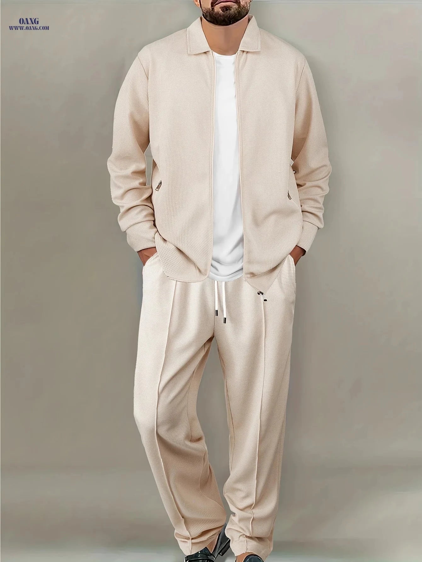 Men's Casual Waffle Knit Set - Zipper Cardigan & Drawstring Trousers   OAXG 