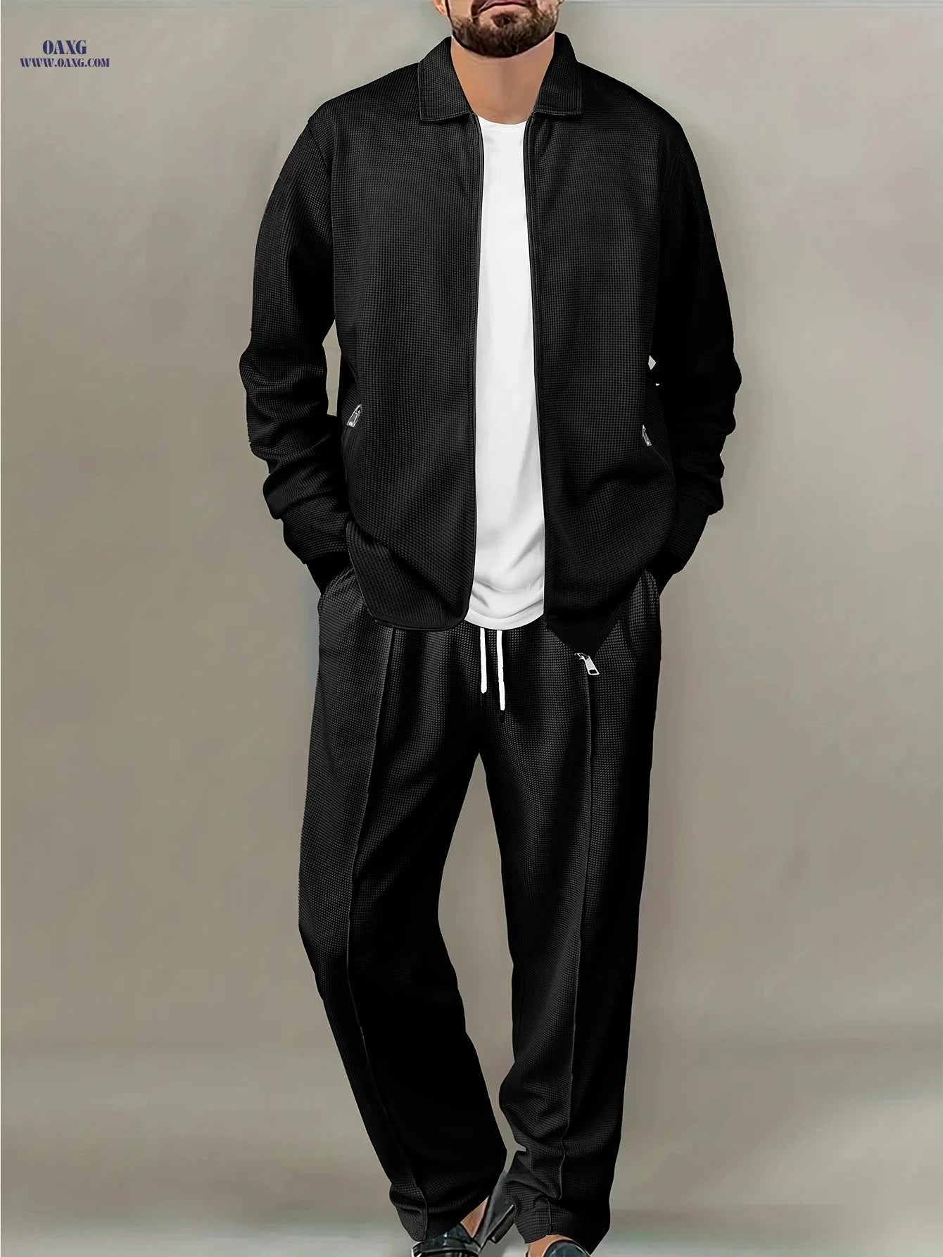 Men's Casual Waffle Knit Set - Zipper Cardigan & Drawstring Trousers   OAXG White / FR S