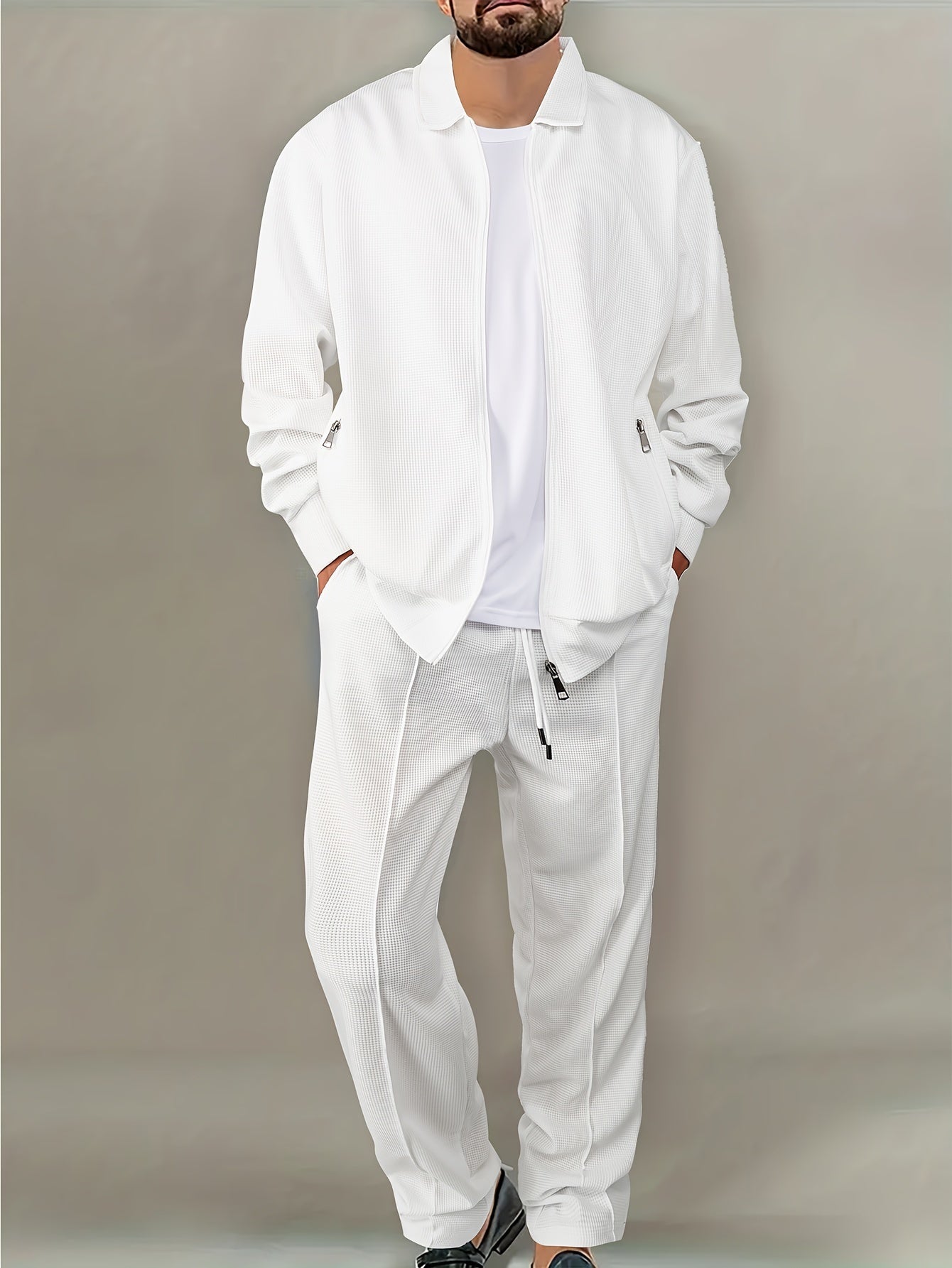 Men's Casual Waffle Knit Set - Zipper Cardigan & Drawstring Trousers   OAXG White / FR S