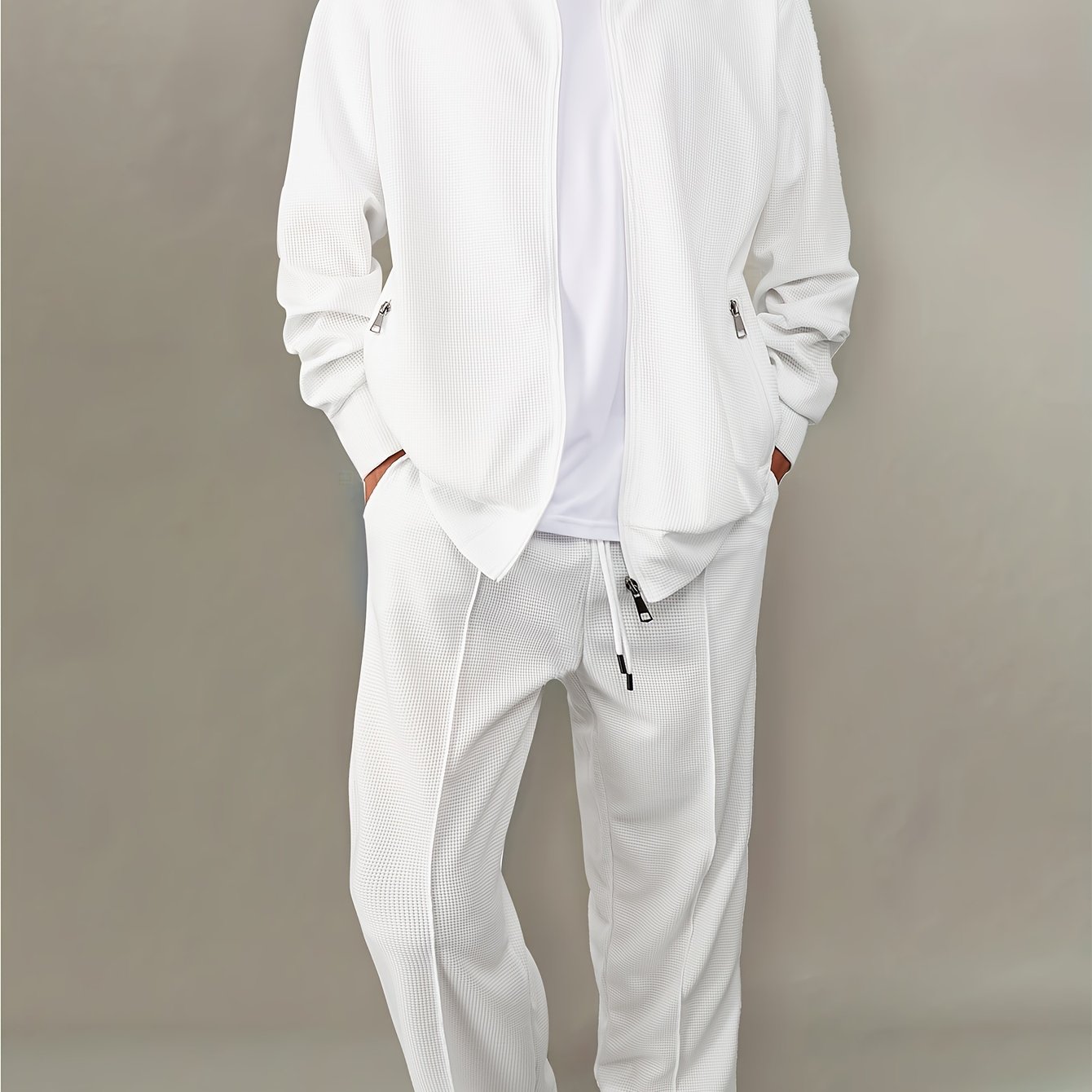 Men's Casual Waffle Knit Set - Zipper Cardigan & Drawstring Trousers   OAXG White / FR S