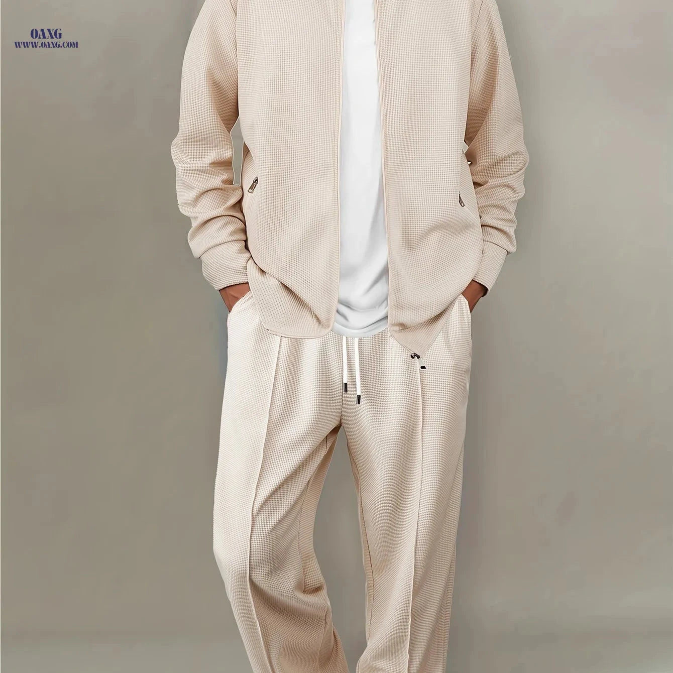 Men's Casual Waffle Knit Set - Zipper Cardigan & Drawstring Trousers   OAXG White / FR S