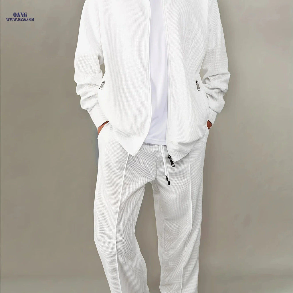 Men's Casual Waffle Knit Set - Zipper Cardigan & Drawstring Trousers   OAXG White / FR S